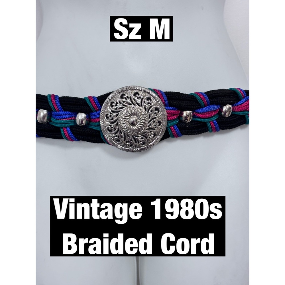 Vintage 1980s Braided Cord Belt with Silver Medallion Sz M